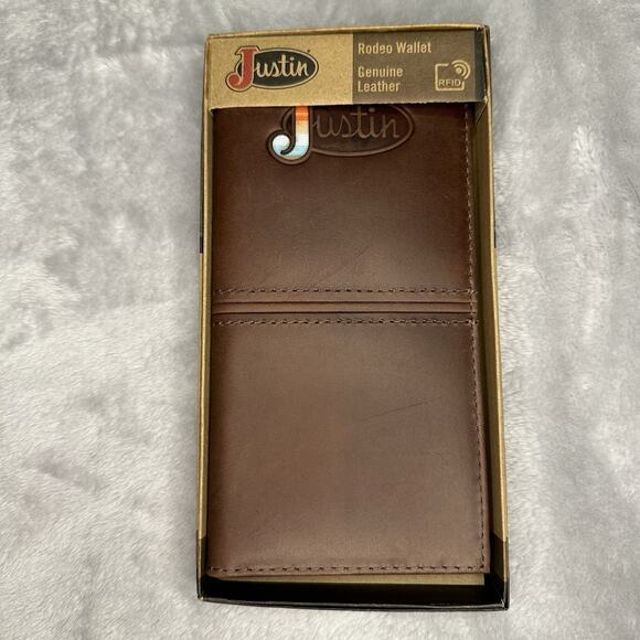 Justin Men's Rodeo Wallet Brown Genuine Leather RFID Logo Checkbook Western - Picture 1 of 8